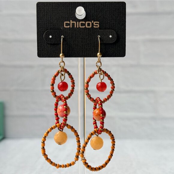 Vintage 1990s Chico’s Beaded Loop Dangle Earrings Red Orange Brass Statement - Picture 2 of 6